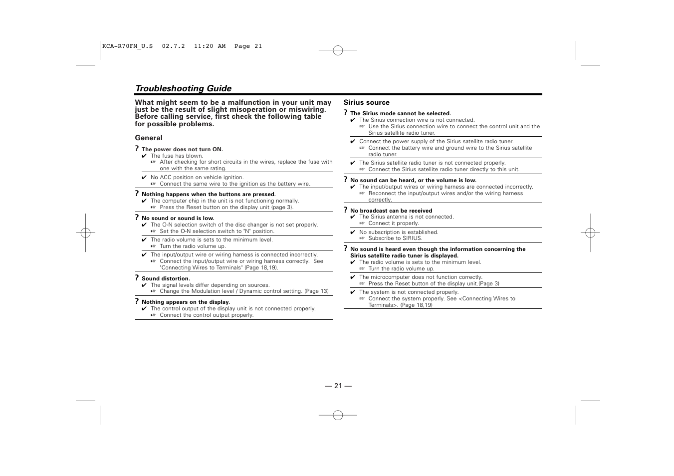 Troubleshooting guide | Sirius Satellite Radio KCA-R70FM User Manual | Page 21 / 25