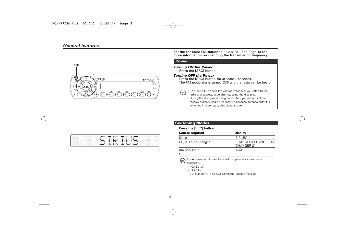 Sirius Satellite Radio KCA-R70FM User Manual | Page 5 / 25