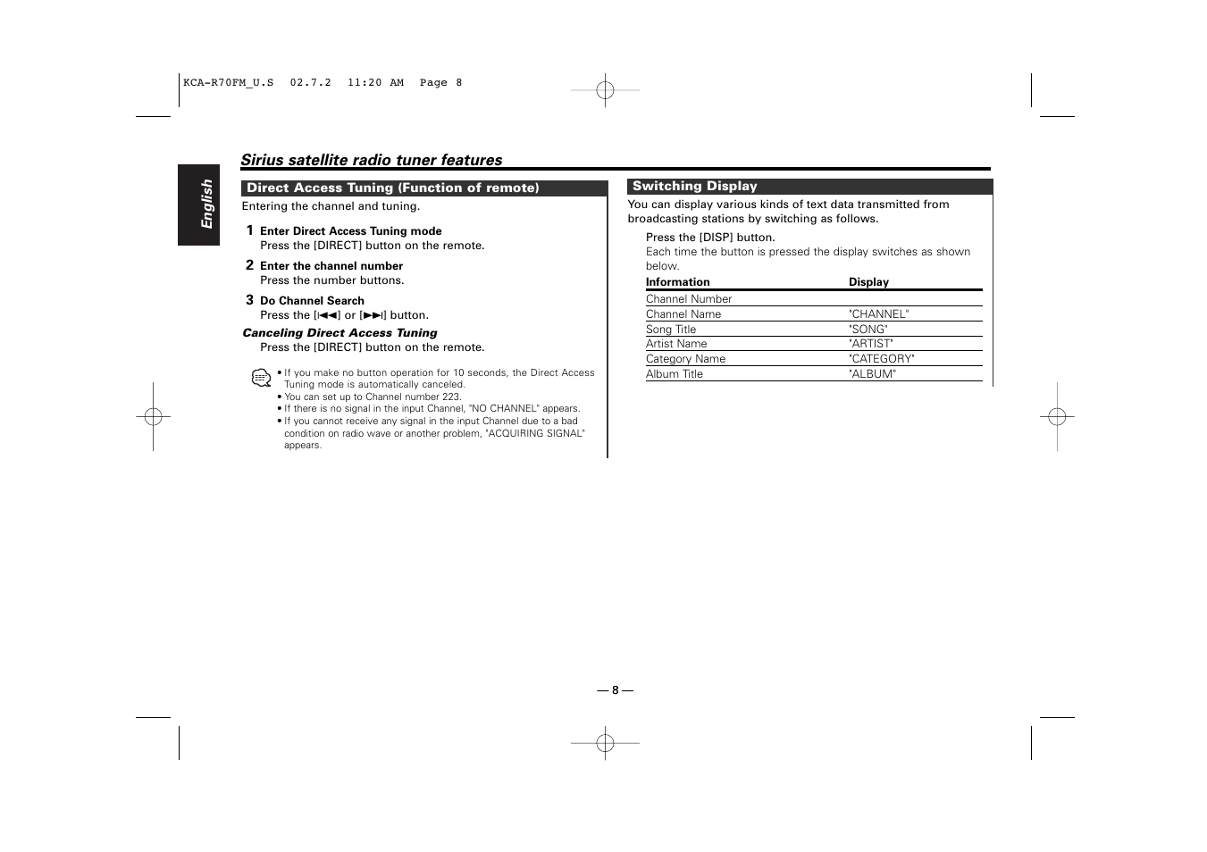 Sirius Satellite Radio KCA-R70FM User Manual | Page 8 / 25