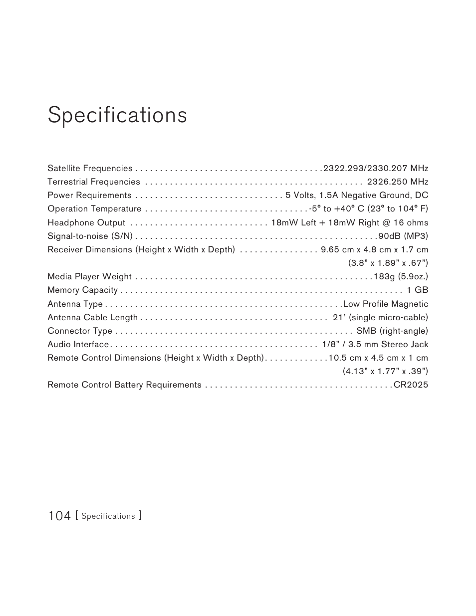 Specs, Specifications | Sirius Satellite Radio S50 User Manual | Page 104 / 170