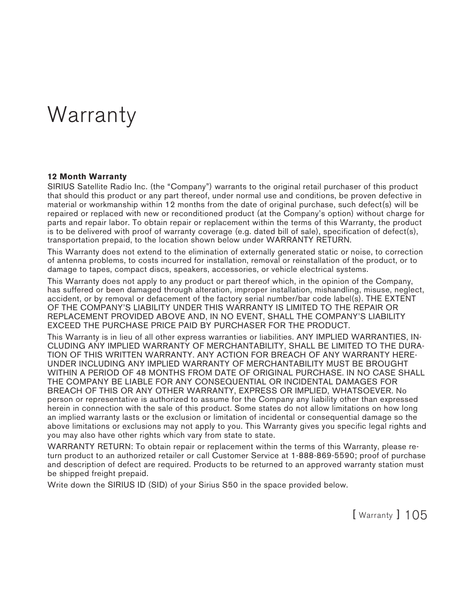 Warranty | Sirius Satellite Radio S50 User Manual | Page 105 / 170