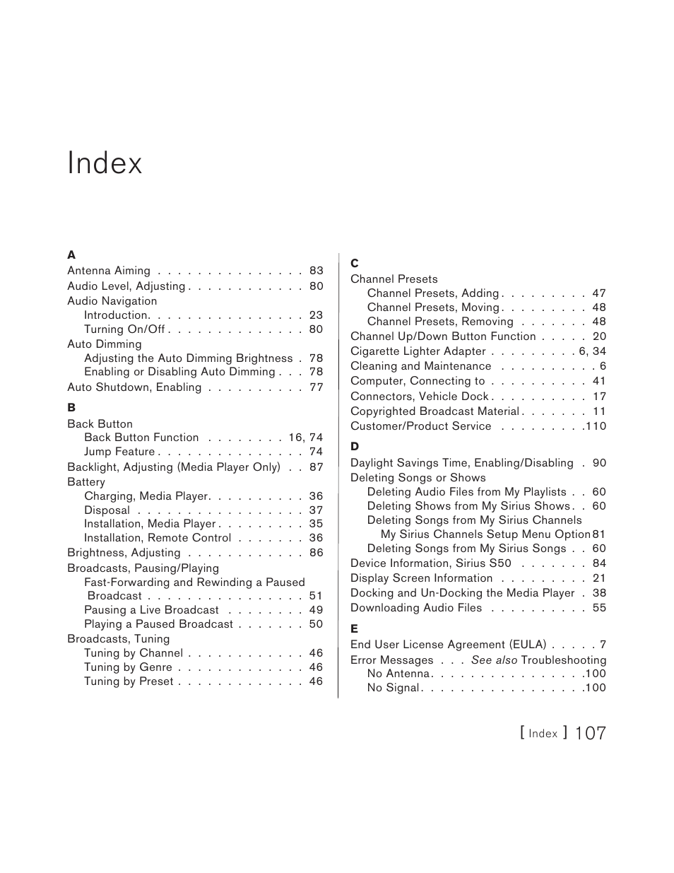 Index | Sirius Satellite Radio S50 User Manual | Page 107 / 170