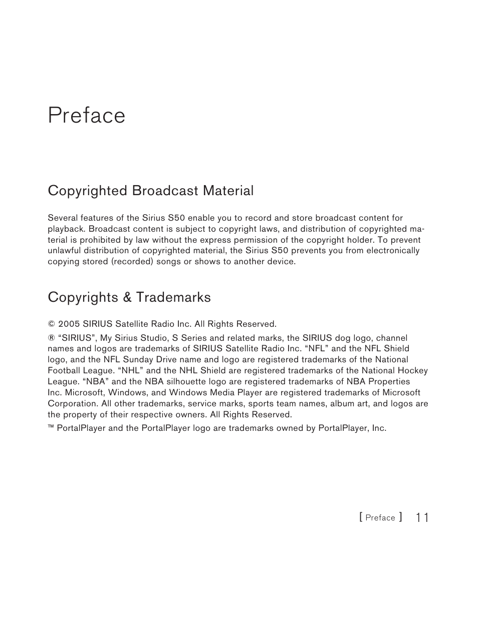 Preface, Copyrighted broadcast material, Copyrights & trademarks | Sirius Satellite Radio S50 User Manual | Page 11 / 170