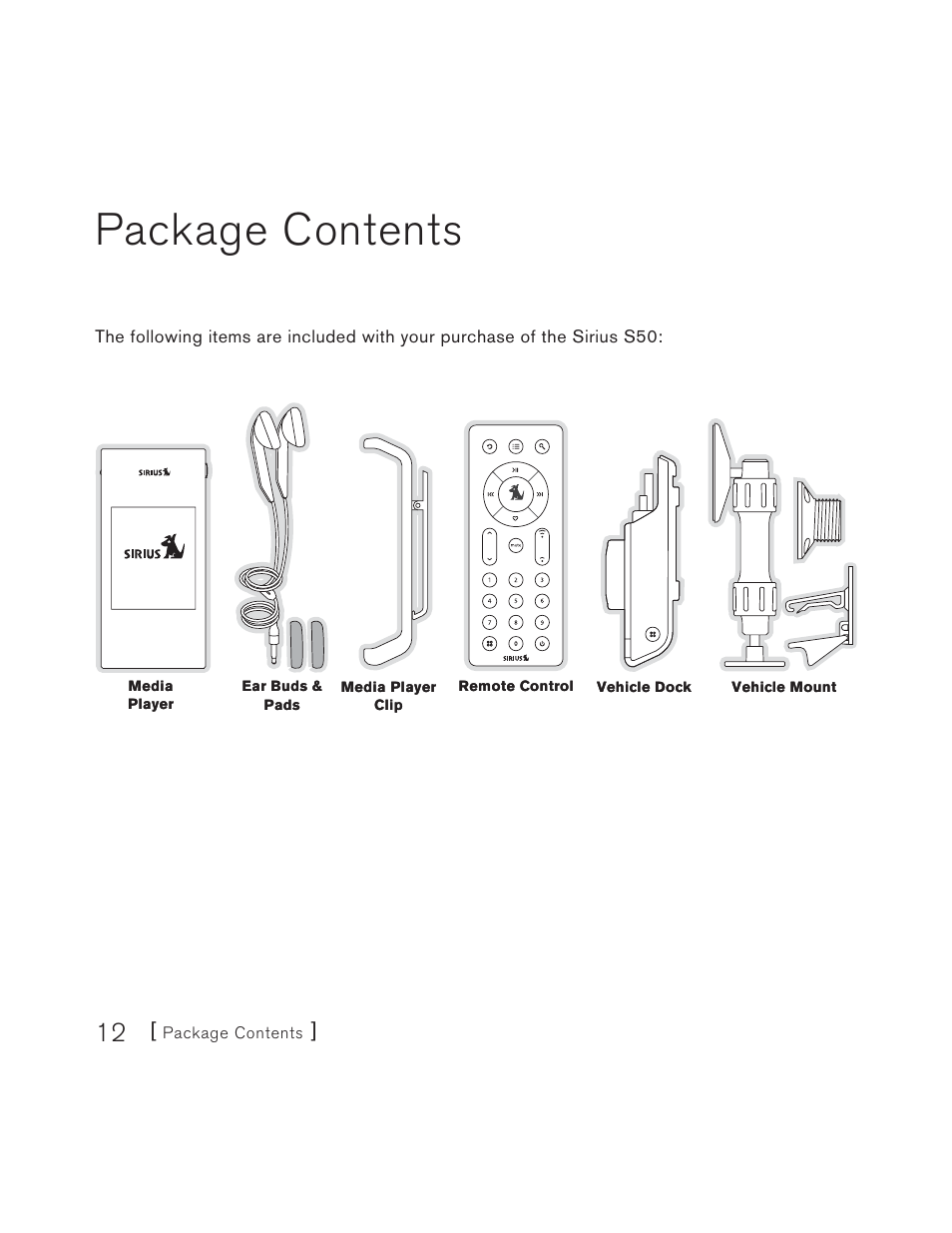 Supplied accessories, Package contents | Sirius Satellite Radio S50 User Manual | Page 12 / 170