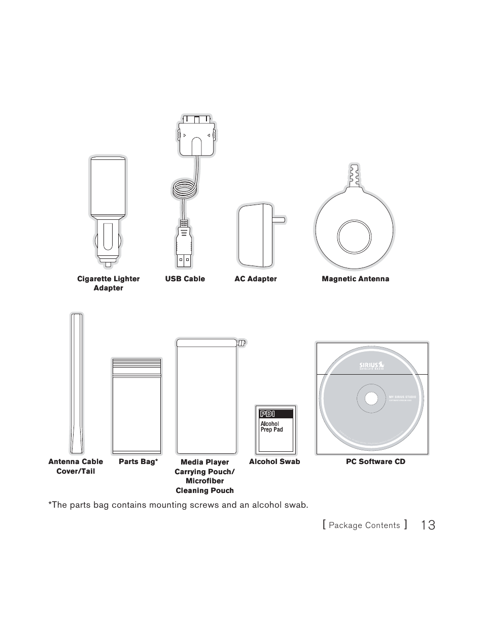 Package contents, Usb cable | Sirius Satellite Radio S50 User Manual | Page 13 / 170