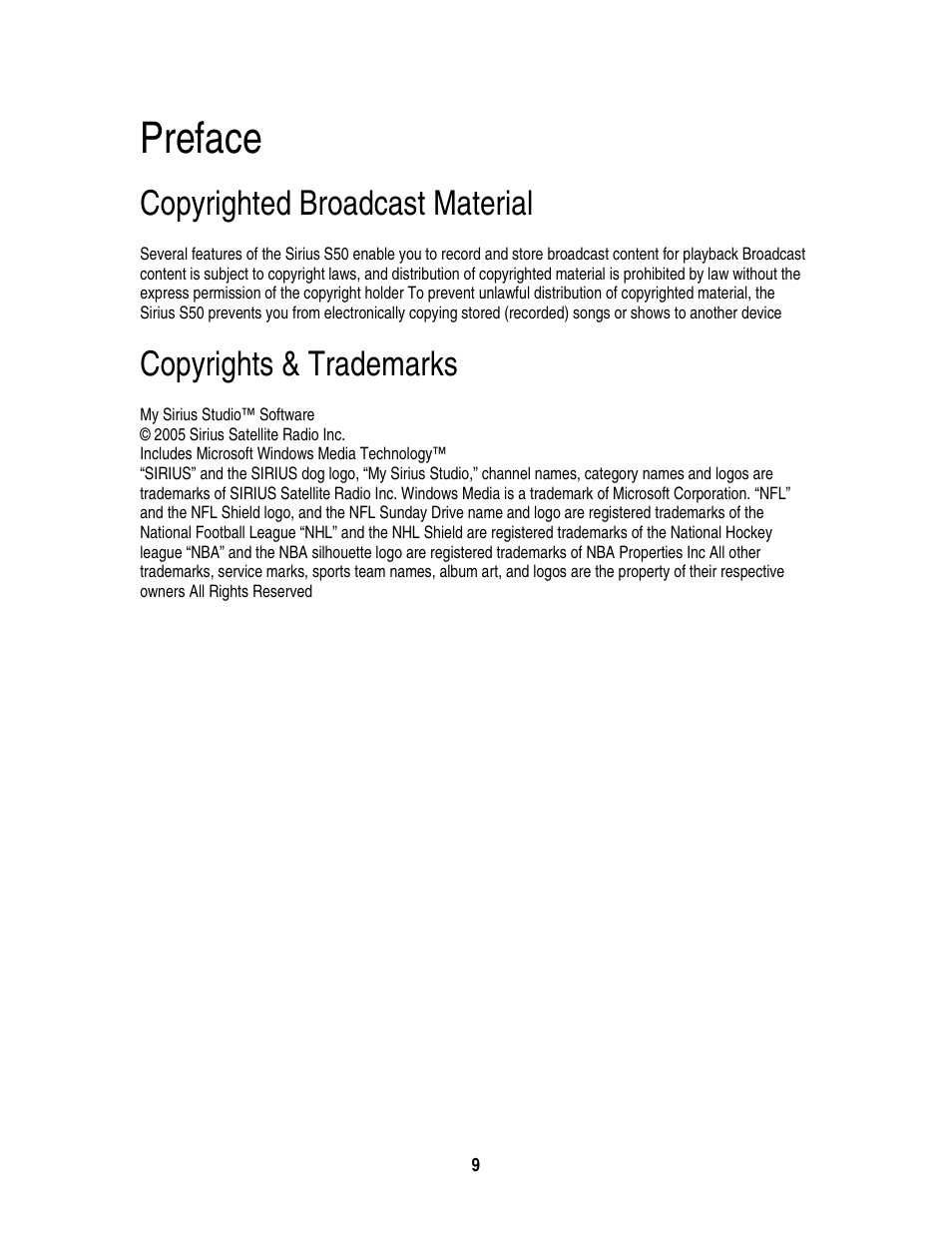 Preface, Copyrighted broadcast material, Copyrights & trademarks | Sirius Satellite Radio S50 User Manual | Page 146 / 170