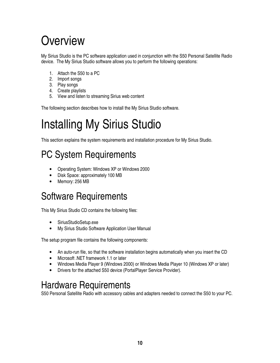 Overview, System requirements, Installing my sirius studio | Pc system requirements, Software requirements, Hardware requirements | Sirius Satellite Radio S50 User Manual | Page 147 / 170