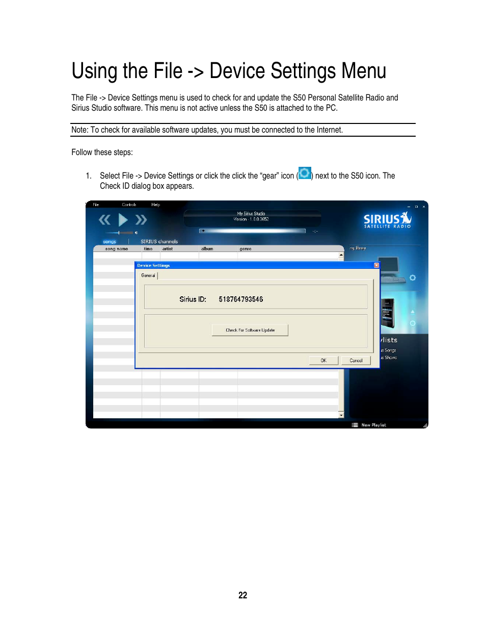 Using the file -> device settings menu | Sirius Satellite Radio S50 User Manual | Page 159 / 170