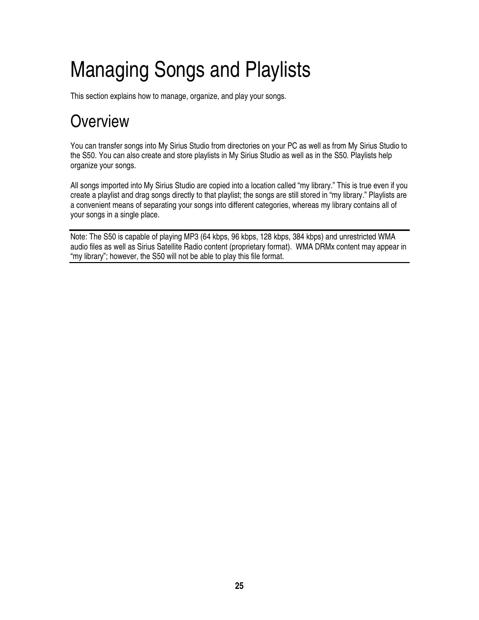 Managing songs and playlists, Overview | Sirius Satellite Radio S50 User Manual | Page 162 / 170