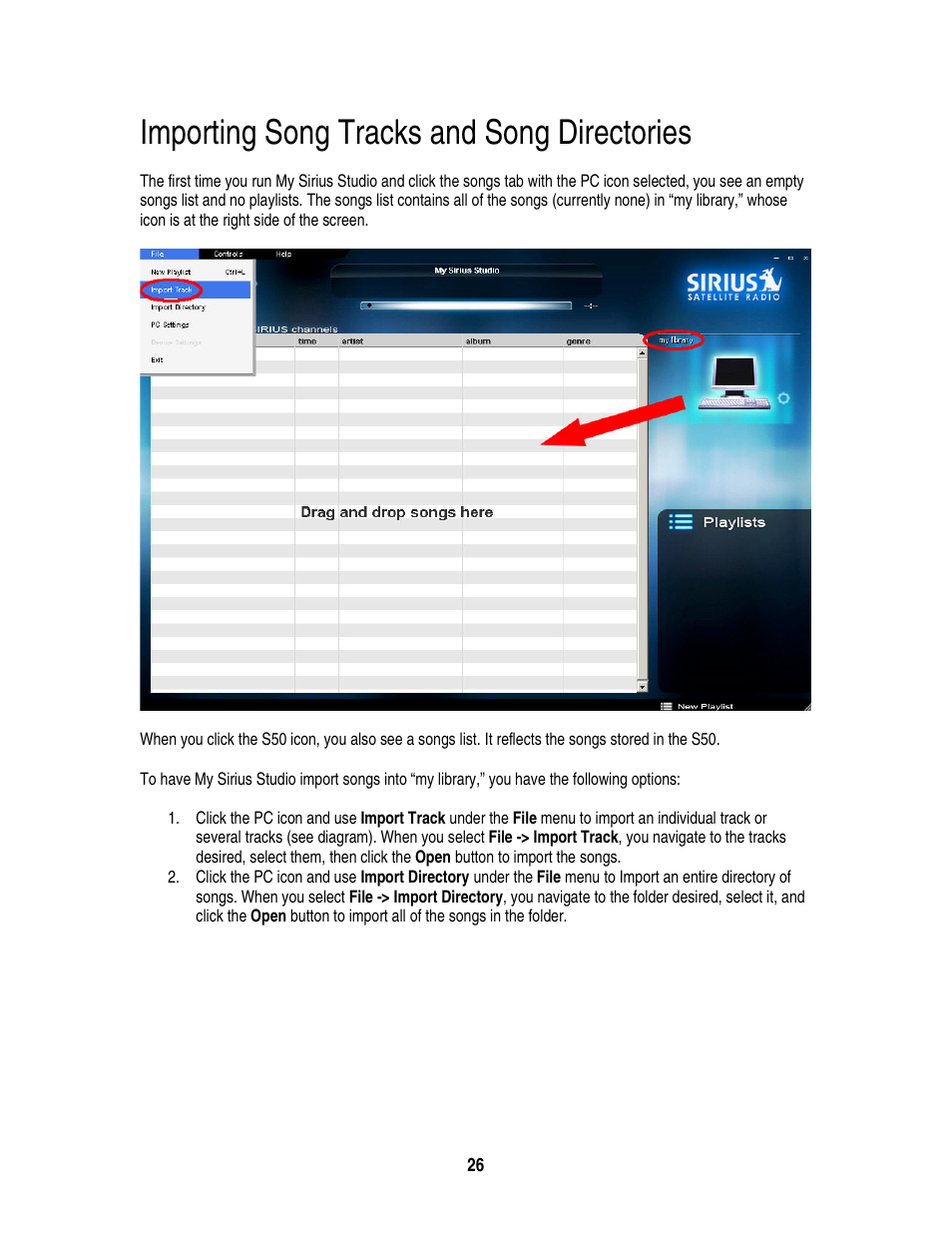 Importing song tracks and song directories | Sirius Satellite Radio S50 User Manual | Page 163 / 170
