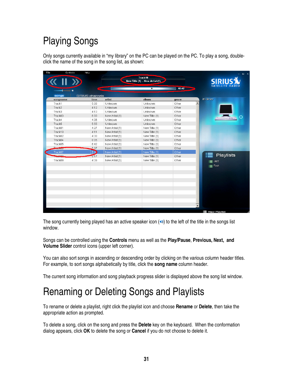 Playing songs, Renaming or deleting songs and playlists | Sirius Satellite Radio S50 User Manual | Page 168 / 170