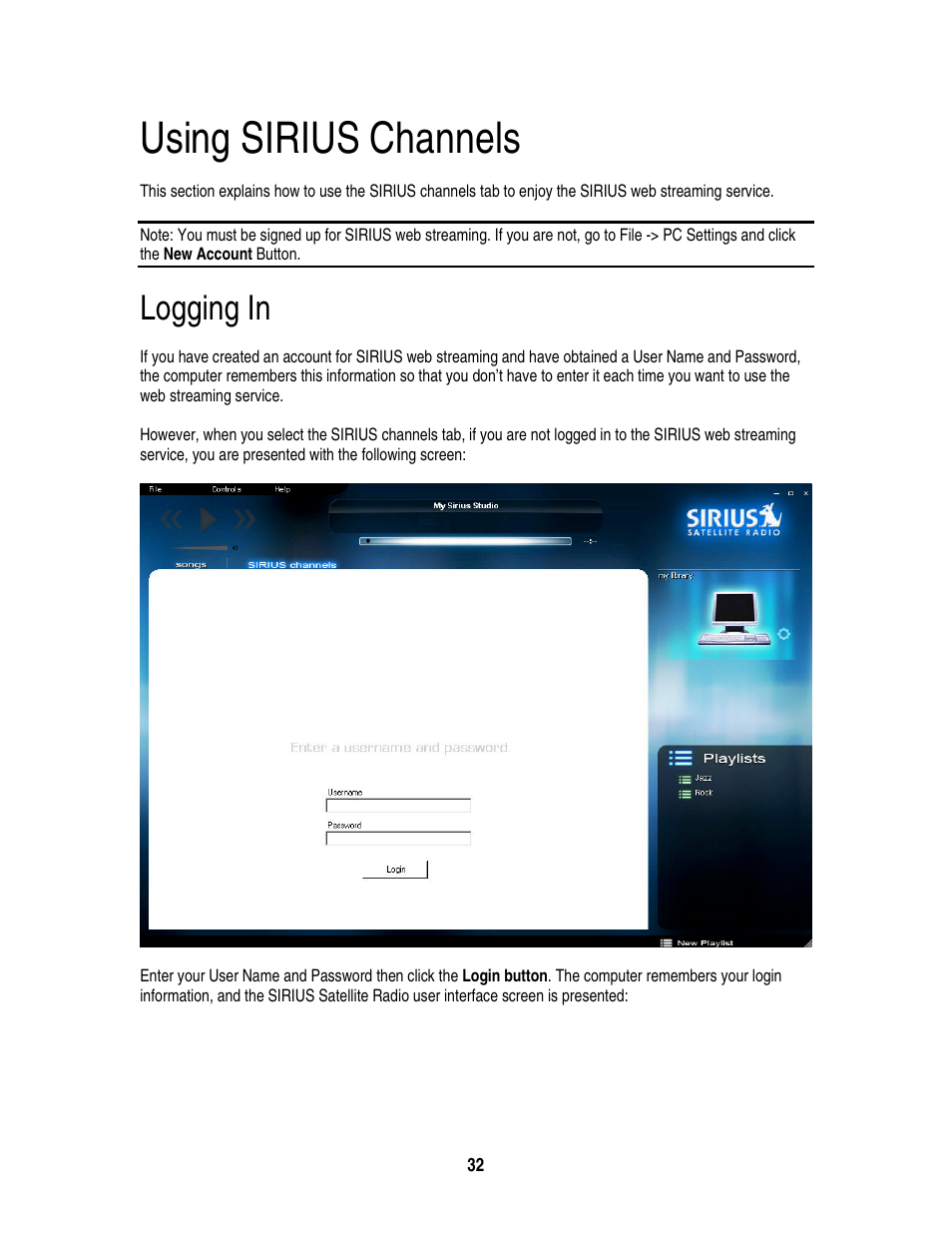 Using sirius channels, Logging in | Sirius Satellite Radio S50 User Manual | Page 169 / 170