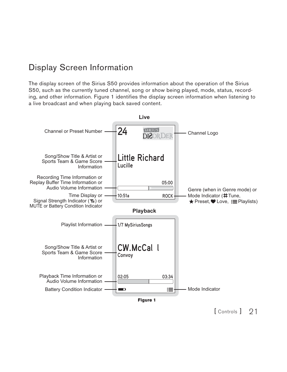Lcd display, Little richard, C.w. mccal l | Display screen information | Sirius Satellite Radio S50 User Manual | Page 21 / 170