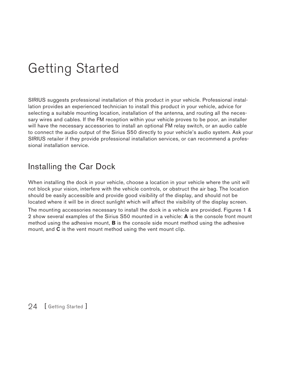 Getting started, Installing the car dock | Sirius Satellite Radio S50 User Manual | Page 24 / 170