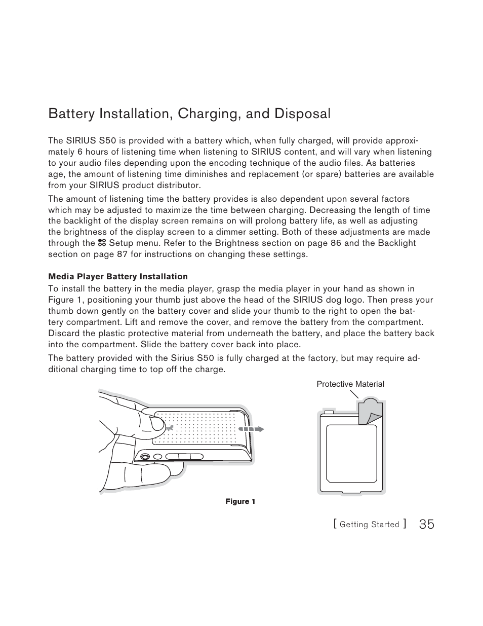 Battery installation, charging, and disposal | Sirius Satellite Radio S50 User Manual | Page 35 / 170