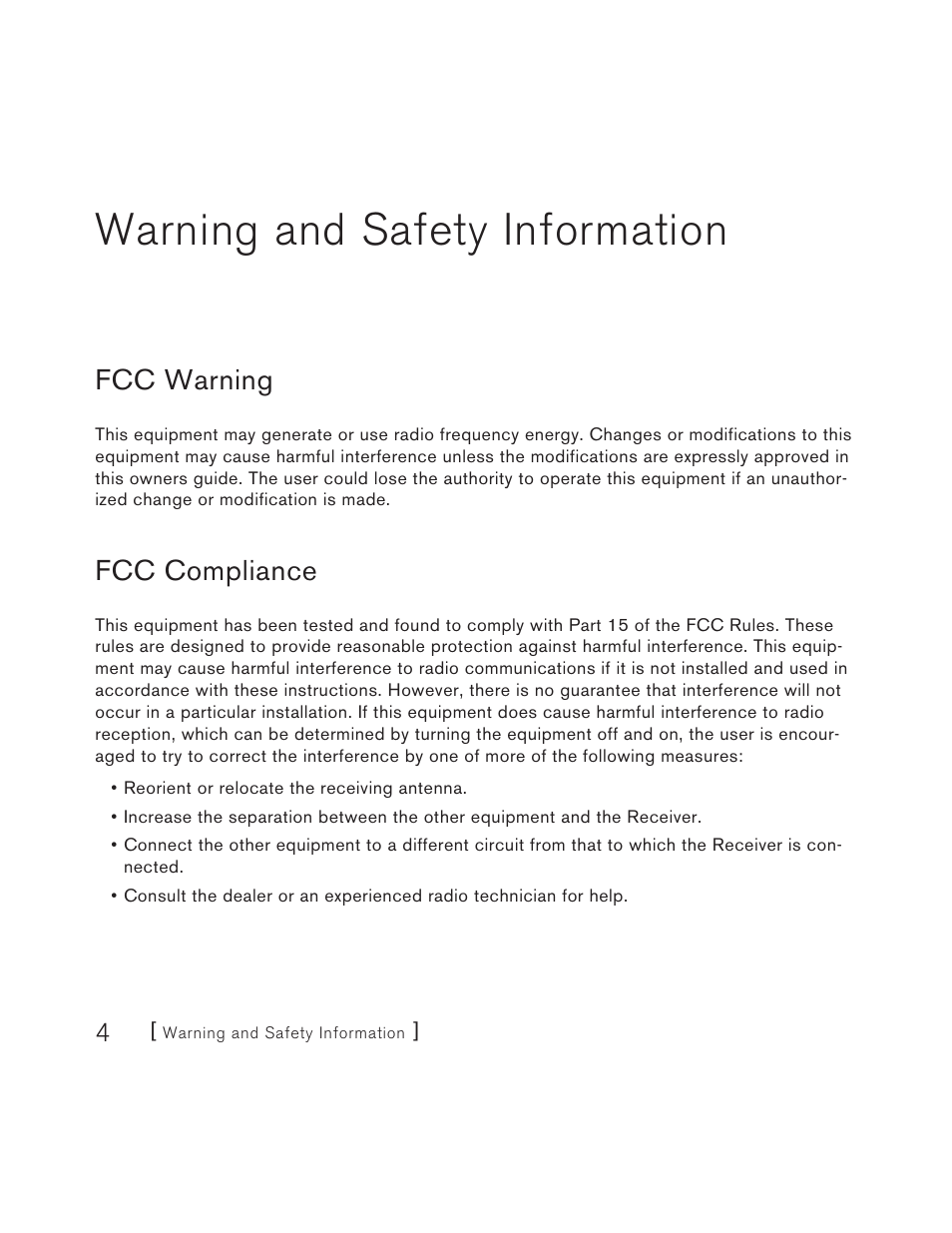 Warning and safety information, Fcc warning, Fcc compliance | Sirius Satellite Radio S50 User Manual | Page 4 / 170