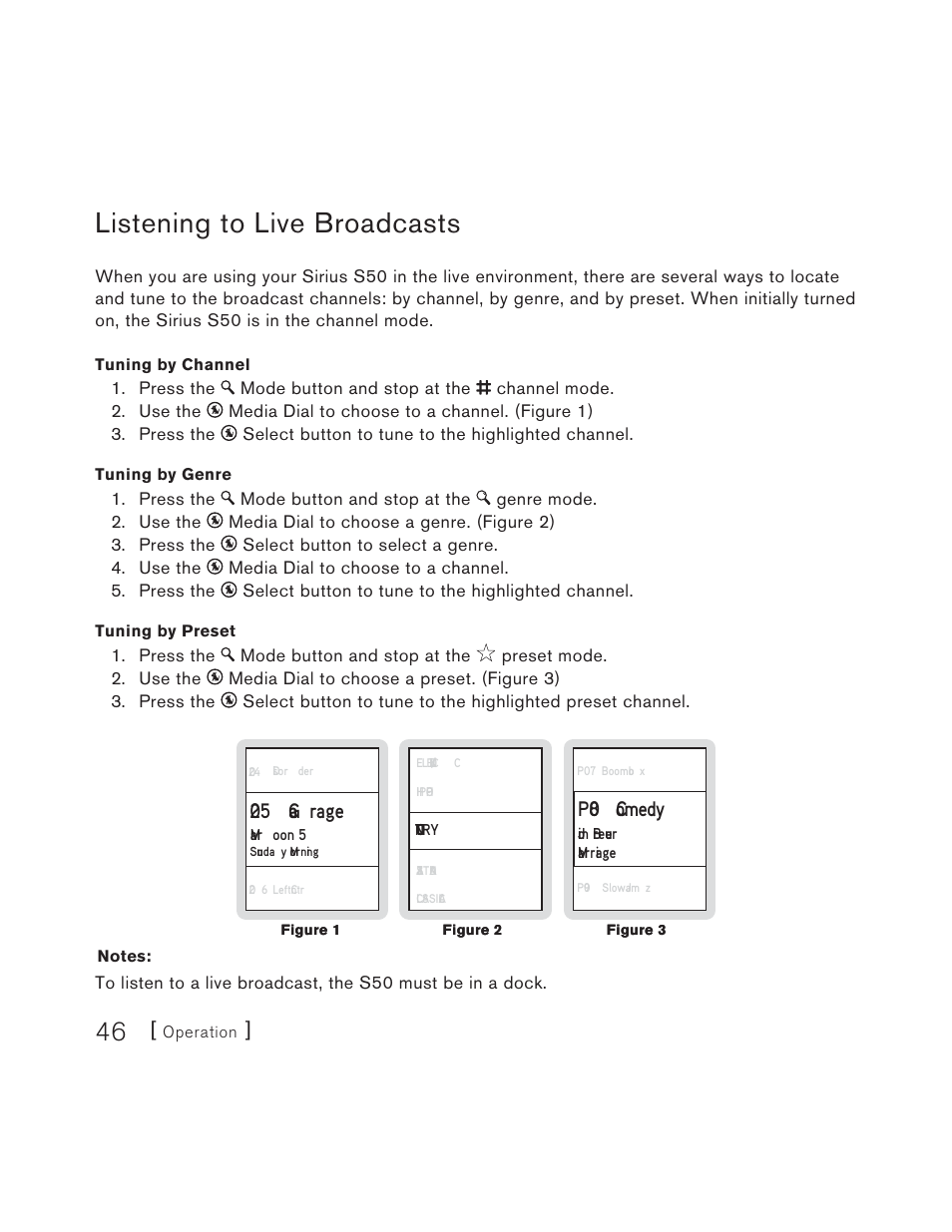 Listening to live broadcasts, P0 8 c omedy, 025 g a rage | Sirius Satellite Radio S50 User Manual | Page 46 / 170