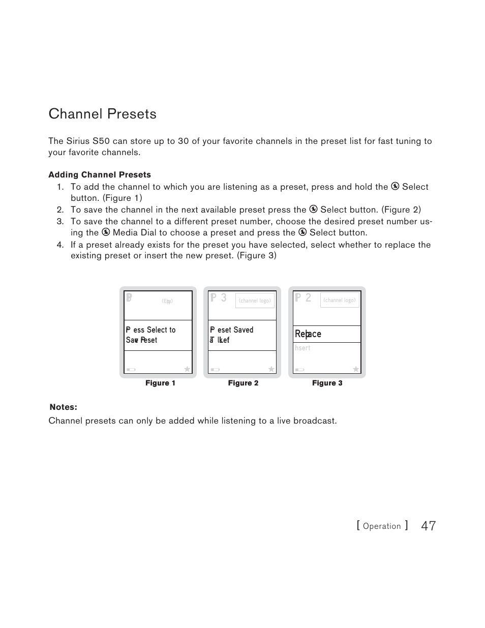 Channel presets, P1 3, P1 2 | Rep lace | Sirius Satellite Radio S50 User Manual | Page 47 / 170