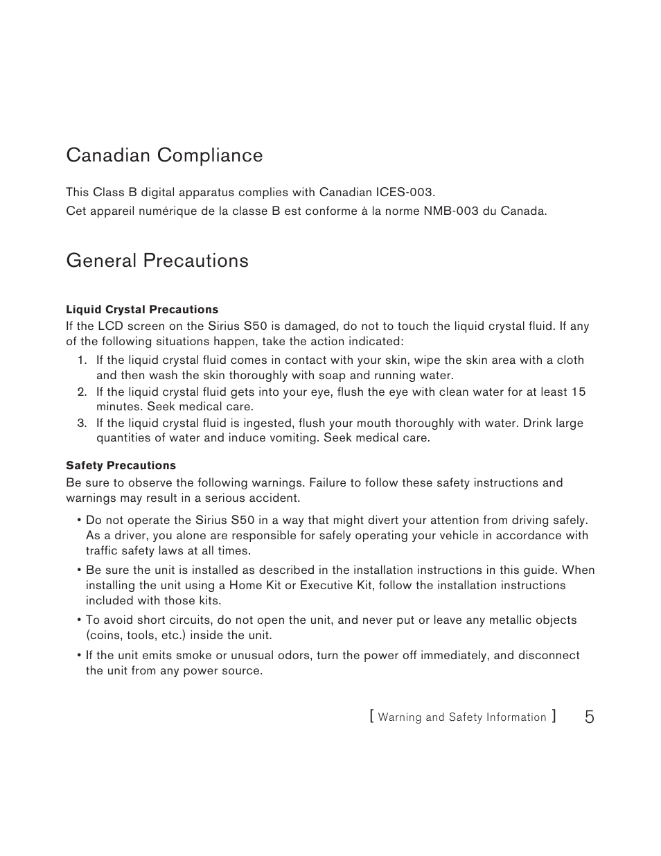Canadian compliance, General precautions | Sirius Satellite Radio S50 User Manual | Page 5 / 170