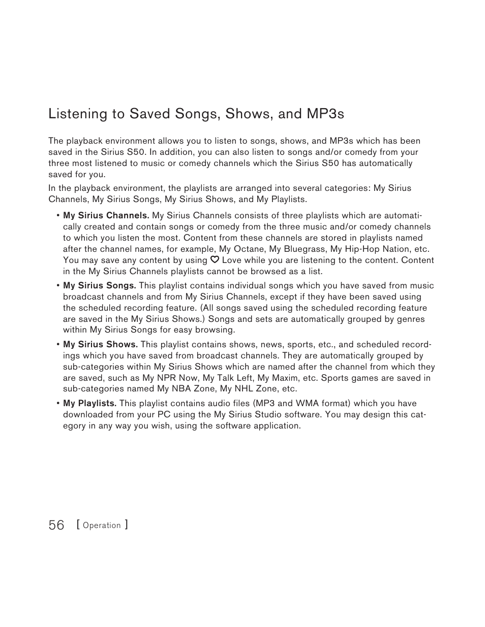 Listening to saved songs, shows, and mp3s | Sirius Satellite Radio S50 User Manual | Page 56 / 170