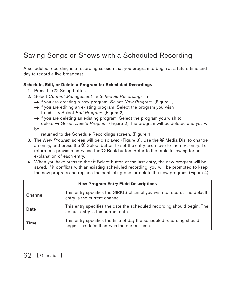 Saving songs or shows with a scheduled recording | Sirius Satellite Radio S50 User Manual | Page 62 / 170