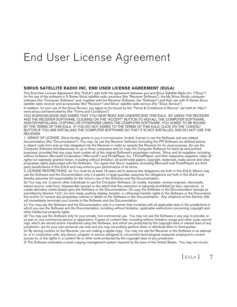 End user license agreement | Sirius Satellite Radio S50 User Manual | Page 7 / 170