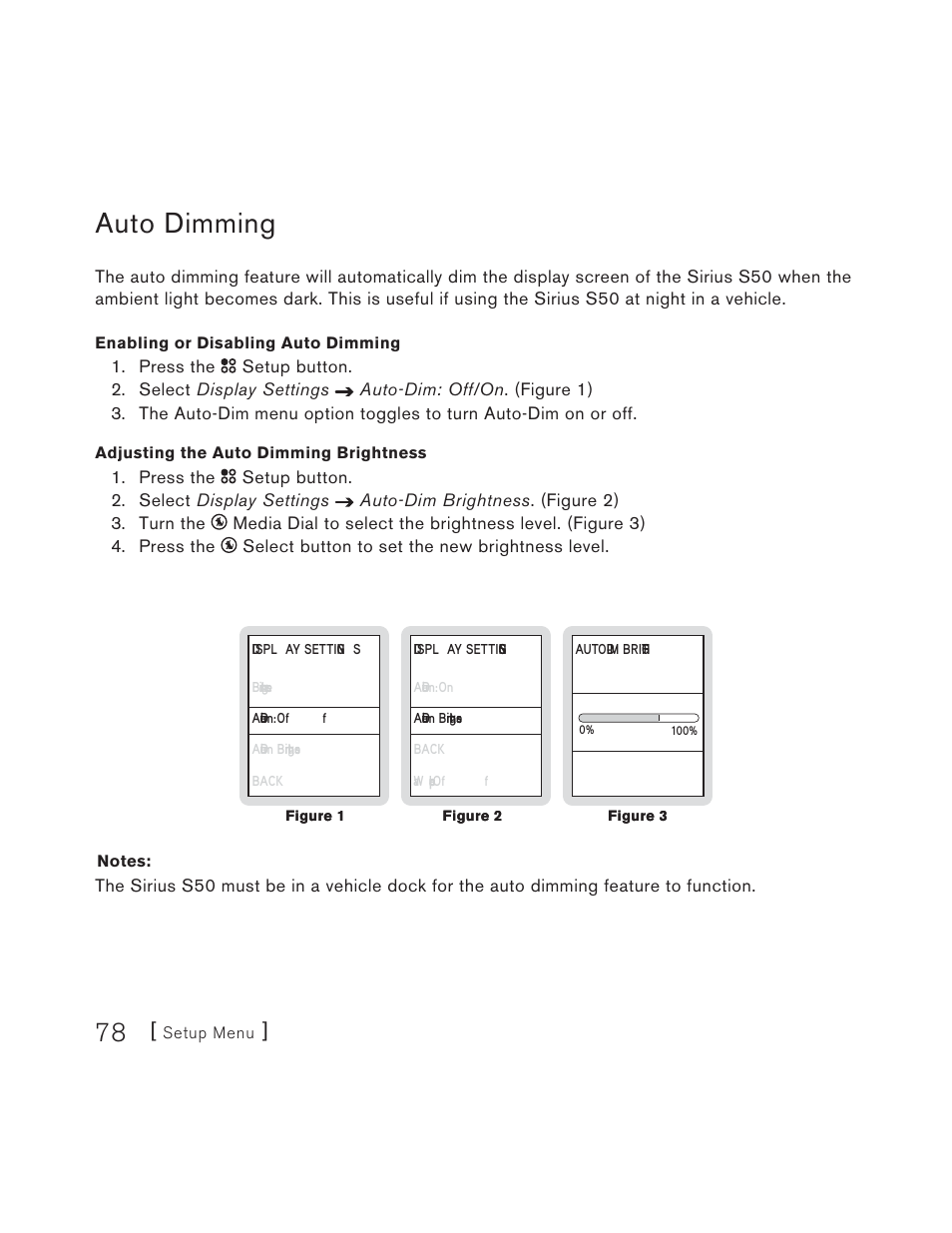 Auto dimming | Sirius Satellite Radio S50 User Manual | Page 78 / 170