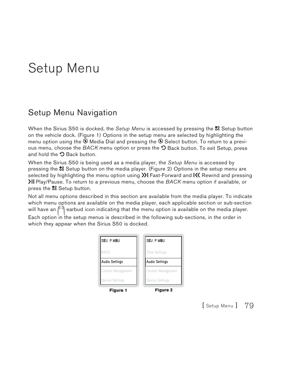 Setup menu, Setup menu navigation | Sirius Satellite Radio S50 User Manual | Page 79 / 170