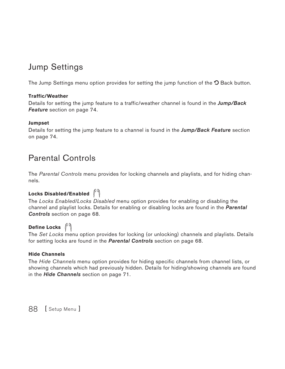 Jump settings, Parental controls | Sirius Satellite Radio S50 User Manual | Page 88 / 170