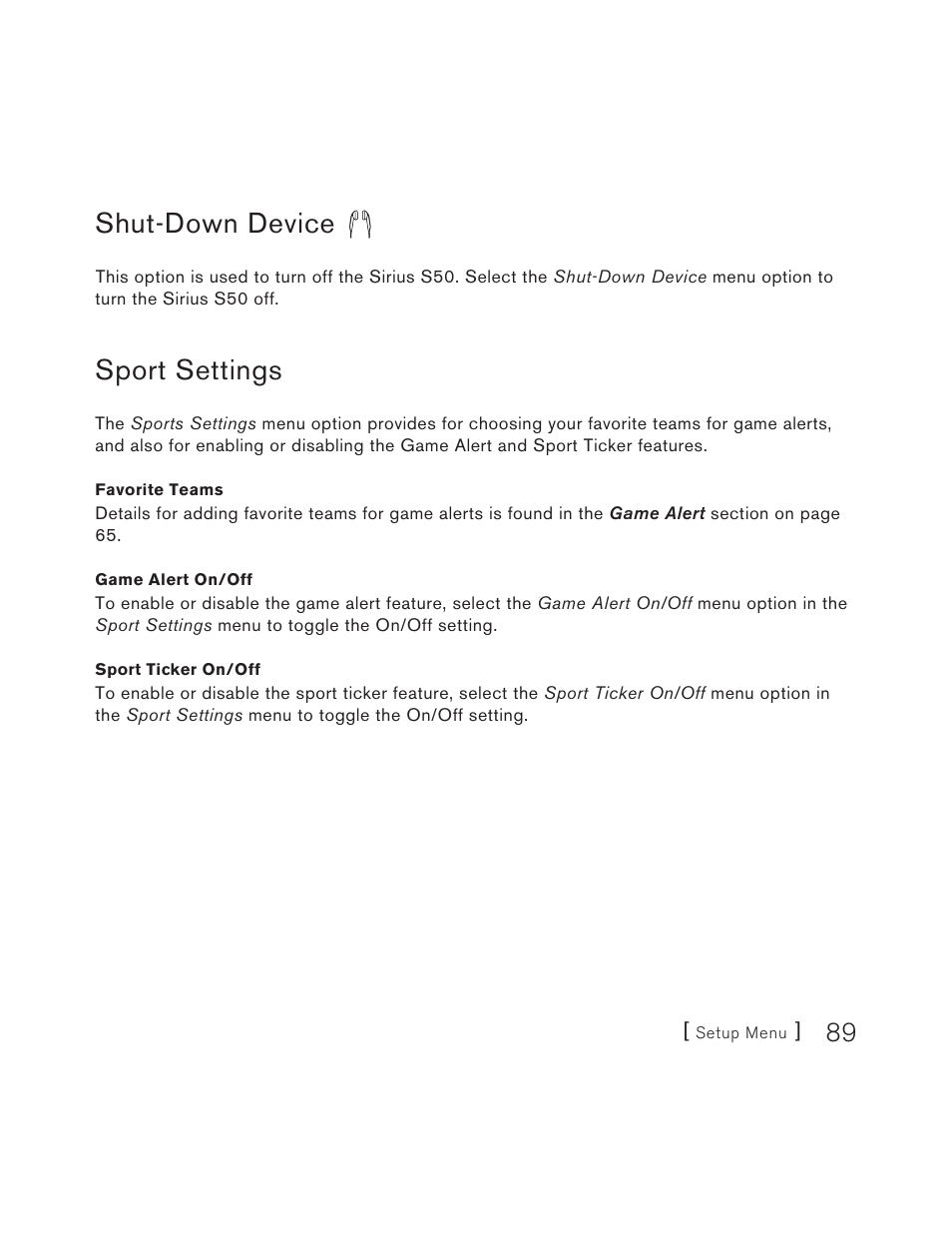 Shut-down device, Sport settings | Sirius Satellite Radio S50 User Manual | Page 89 / 170