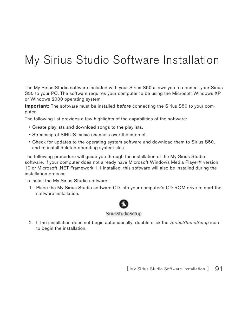 Sirius studio software installation, My sirius studio software installation | Sirius Satellite Radio S50 User Manual | Page 91 / 170