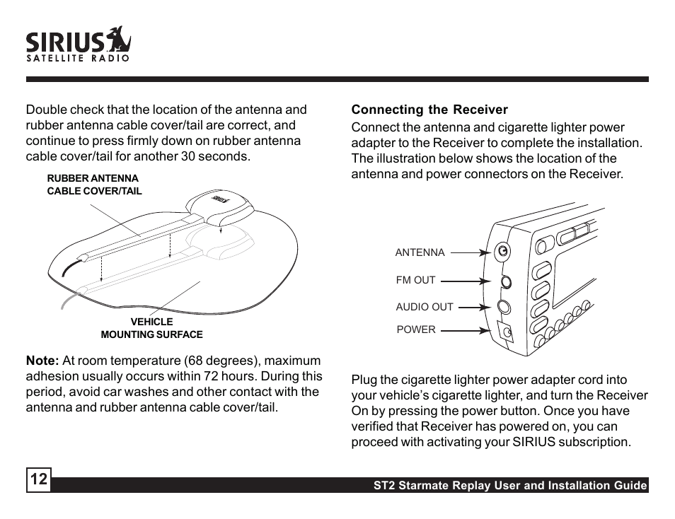 Connecting the receiver, Activating your sirius subscription | Sirius Satellite Radio ST2 User Manual | Page 12 / 60