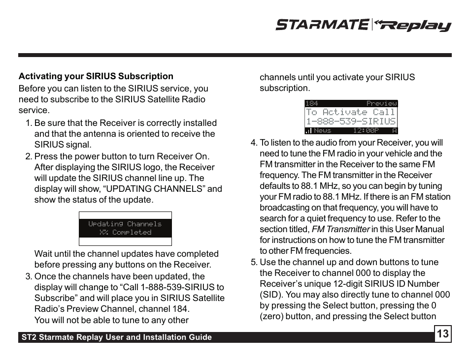 Activating your sirius subscription | Sirius Satellite Radio ST2 User Manual | Page 13 / 60