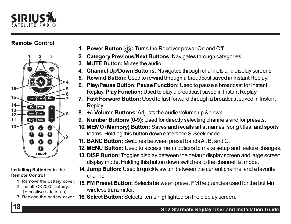 Remote control, Installing batteries in the remote control | Sirius Satellite Radio ST2 User Manual | Page 18 / 60