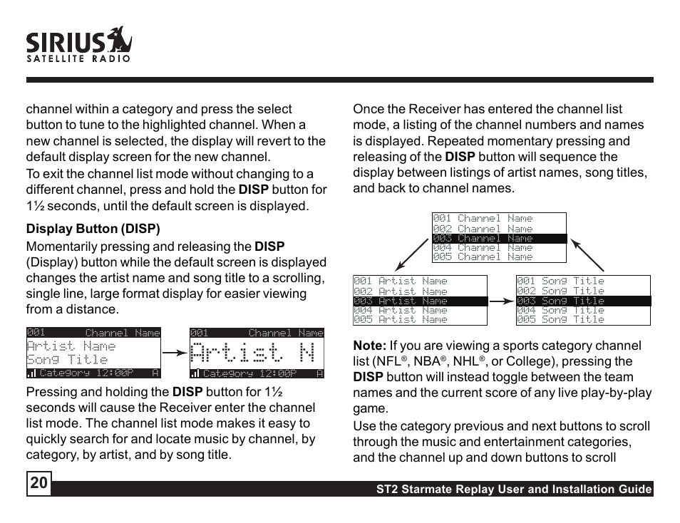 Display button (disp), Artist n | Sirius Satellite Radio ST2 User Manual | Page 20 / 60