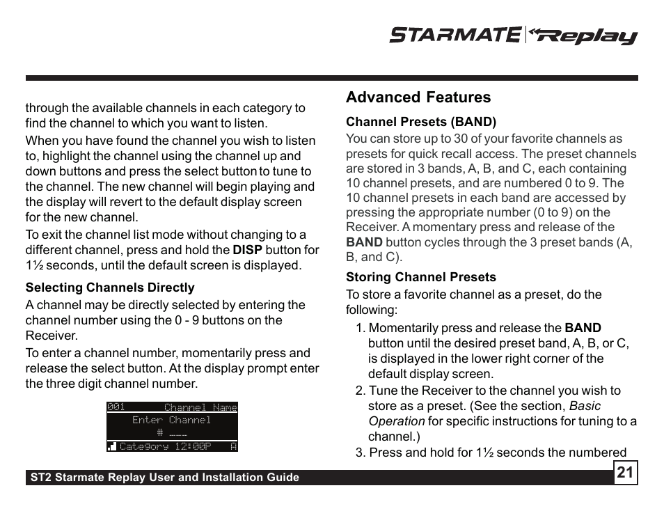 Selecting channels directly, Advanced features, Channel presets (band) | Storing channel presets, Artist n, 21 advanced features | Sirius Satellite Radio ST2 User Manual | Page 21 / 60