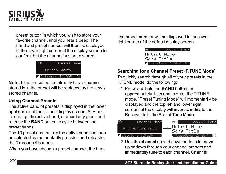 Using channel presets, Searching for a channel preset (p.tune mode) | Sirius Satellite Radio ST2 User Manual | Page 22 / 60