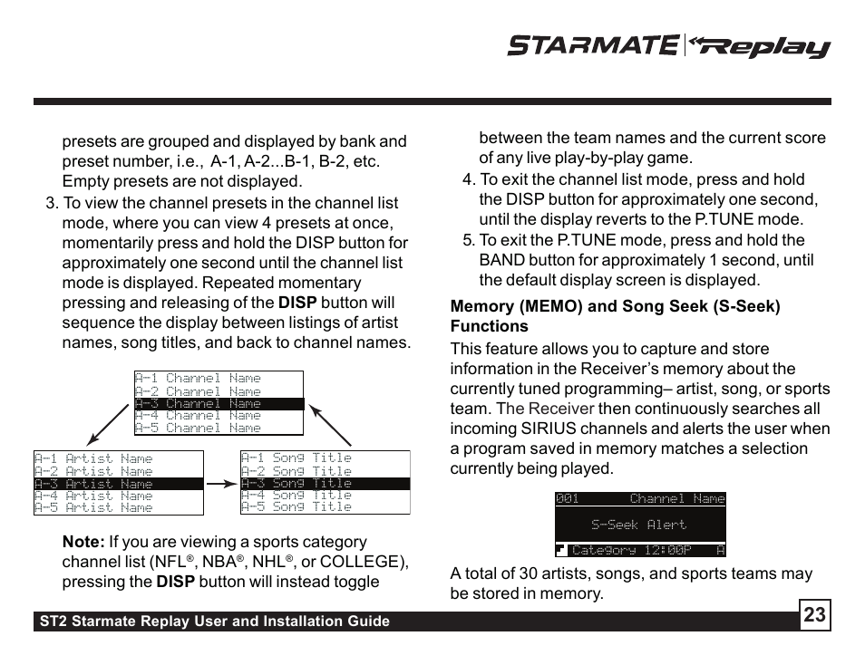Memory (memo) and song seek, S-seek) functions | Sirius Satellite Radio ST2 User Manual | Page 23 / 60