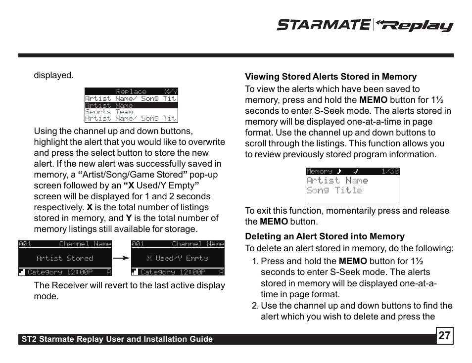 Deleting an alert stored into memory, Activating the s-seek alert, Displayed | Sirius Satellite Radio ST2 User Manual | Page 27 / 60