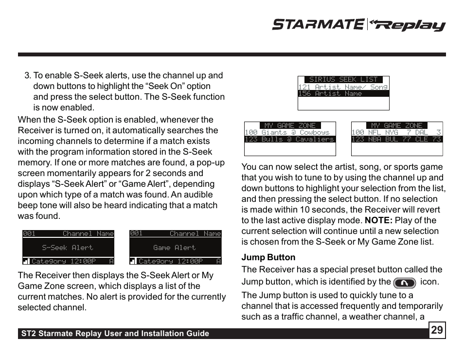 Jump button | Sirius Satellite Radio ST2 User Manual | Page 29 / 60