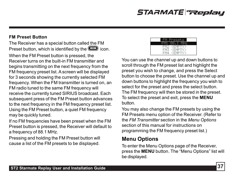 Menu options, Fm transmitter, Fm presets | Sirius Satellite Radio ST2 User Manual | Page 37 / 60