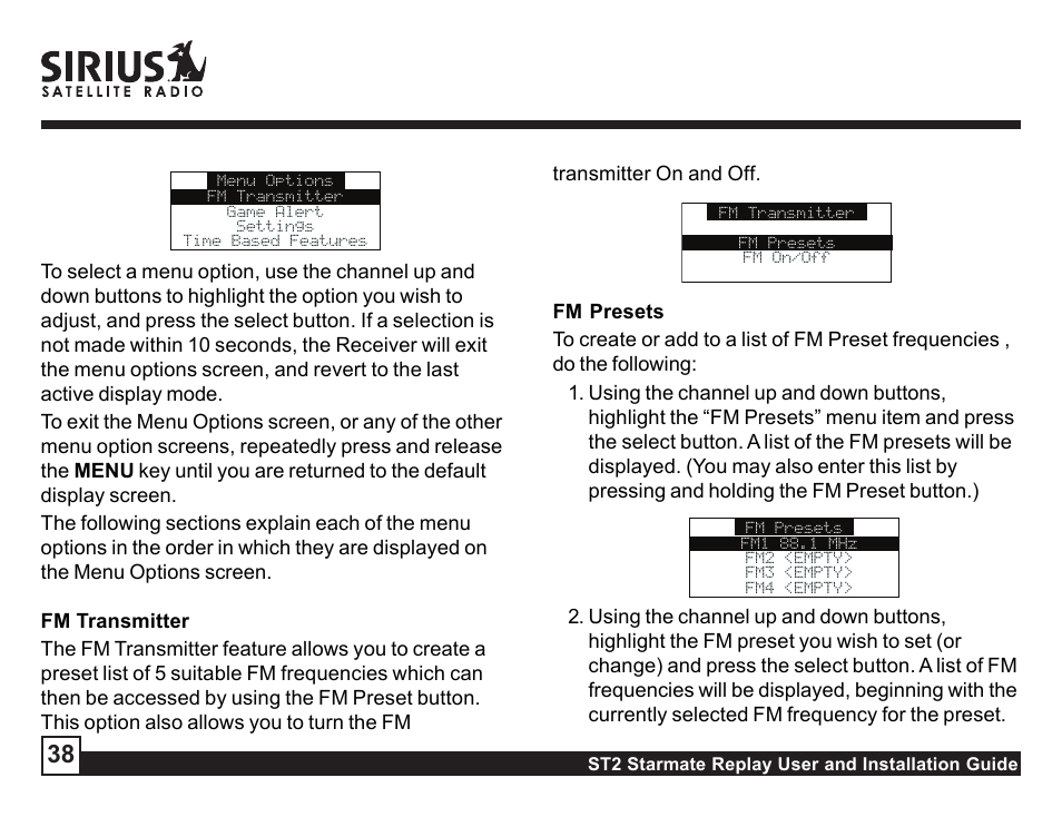Fm on/off, Game alert | Sirius Satellite Radio ST2 User Manual | Page 38 / 60