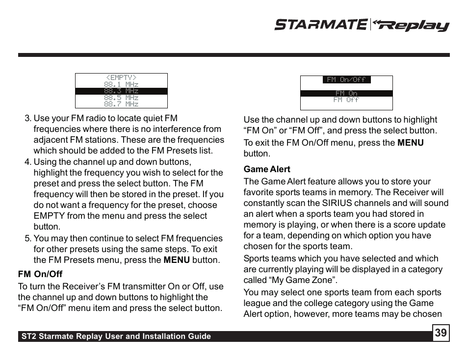 Settings | Sirius Satellite Radio ST2 User Manual | Page 39 / 60