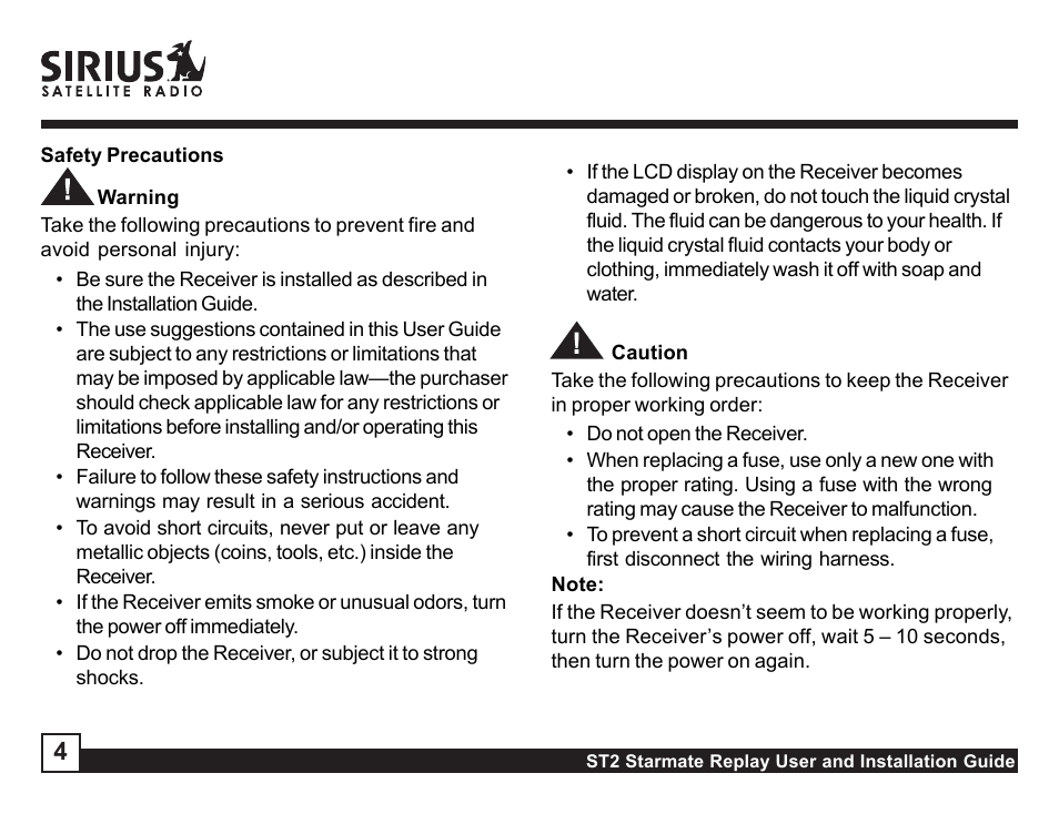 Safety precautions | Sirius Satellite Radio ST2 User Manual | Page 4 / 60