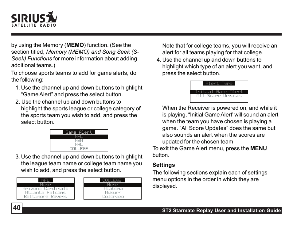 Settings, Jump settings, Traffic | Traffic jumpset | Sirius Satellite Radio ST2 User Manual | Page 40 / 60