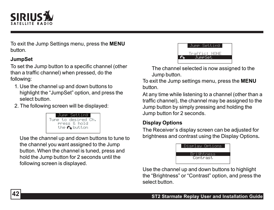 Display options, Memory options, Automatic memory search | Automatic memory search clear all memory | Sirius Satellite Radio ST2 User Manual | Page 42 / 60