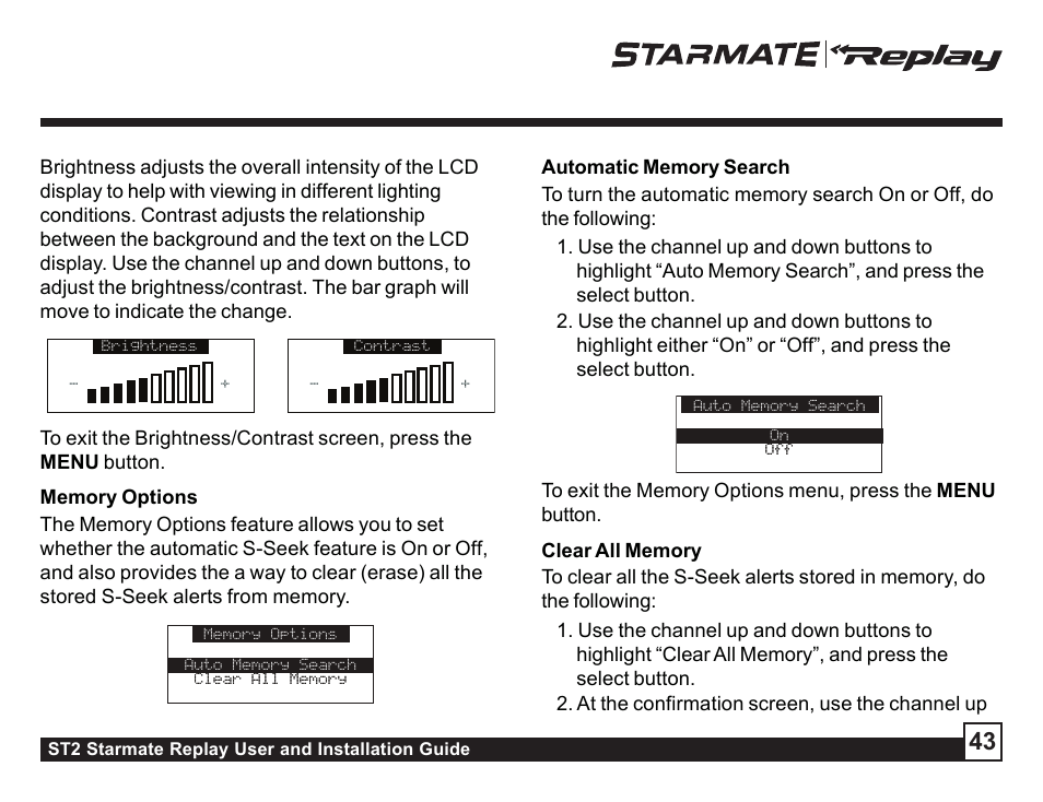 Clear all memory, Auto select, Auto select audio level | Sirius Satellite Radio ST2 User Manual | Page 43 / 60