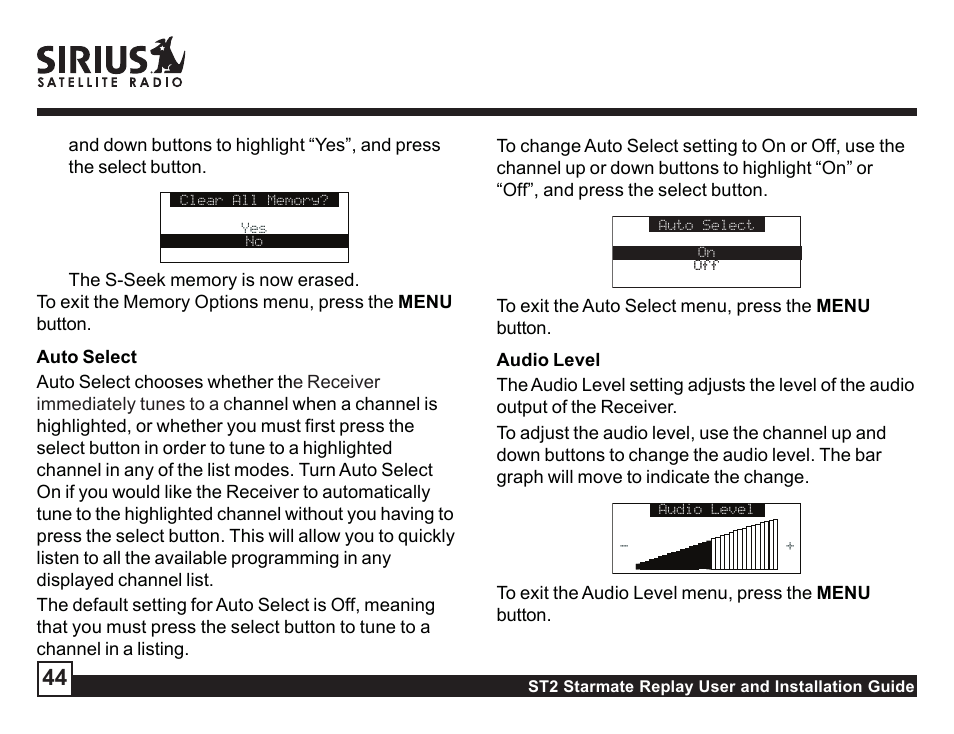 Audio level, Confirmation tone, Parental control | Confirmation tone parental control, Lock/unlock | Sirius Satellite Radio ST2 User Manual | Page 44 / 60