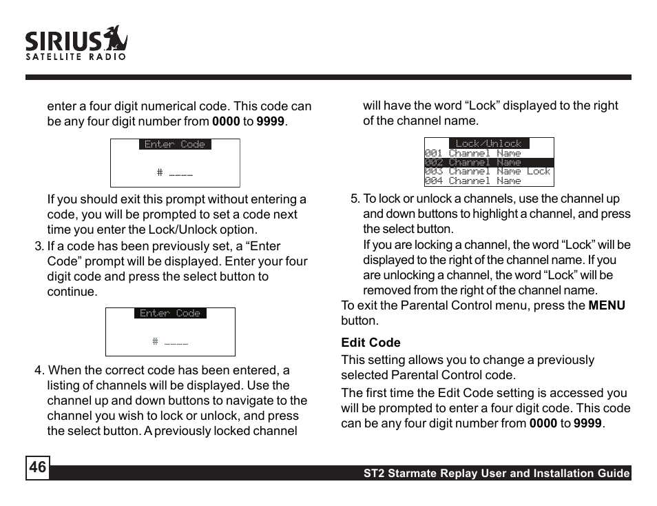 Edit code, Time based features | Sirius Satellite Radio ST2 User Manual | Page 46 / 60