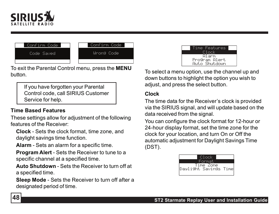 Format, Time zone, Daylight savings time | Time zone daylight savings time, Alarm, Set alarm | Sirius Satellite Radio ST2 User Manual | Page 48 / 60